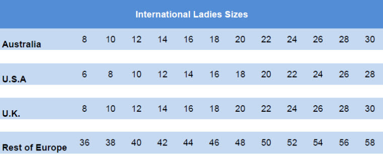 International Ladies Size Chart