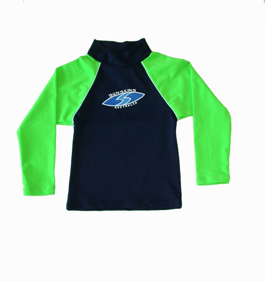 Chlorine resistant Long sleeve rash shirt for Boys in Navy and lime