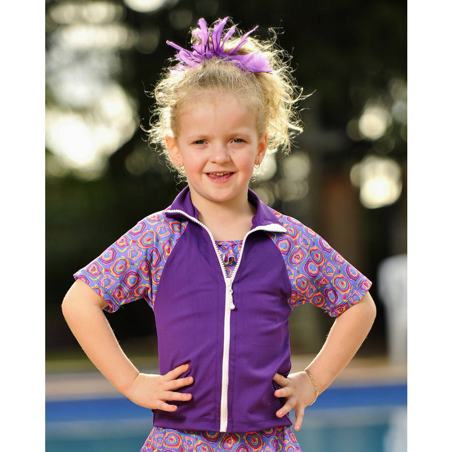 Chlorine resistant zip front rash shirt for girls in violet