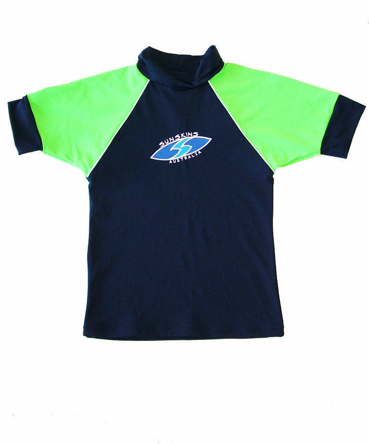 Short Sleeve Boys Rash Shirt Navy and lime green