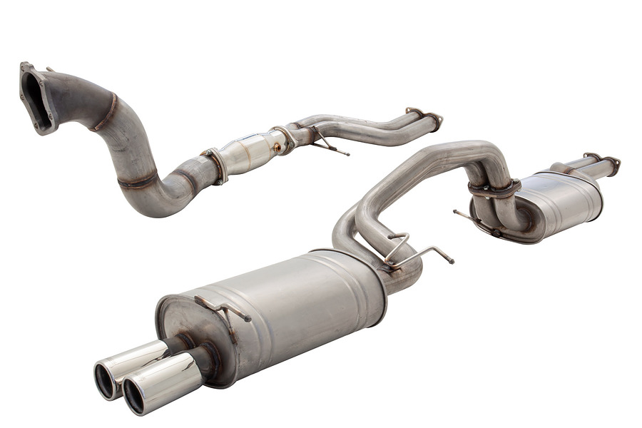 Raw 409 Stainless Steel Turbo-Back System with 4" Dump Pipe 3.5" Metallic Cat and Twin 2.5" Cat-Back - Image 1