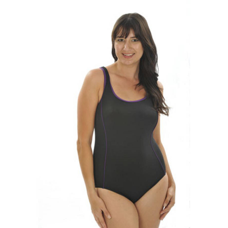 more on Chlorine Resist One Piece with Piping - Black with Purple Trim