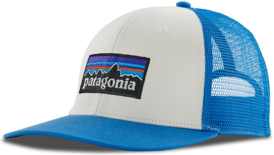 Patagonia P-6 Logo Trucker Hat White w Vessel Blue - Image 1