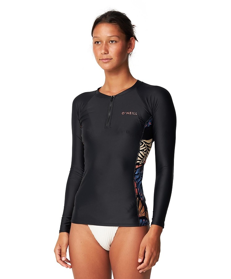 Oneill Ladies Bahia Quarter Zip LS Rash Vest Vintage Aloha Black