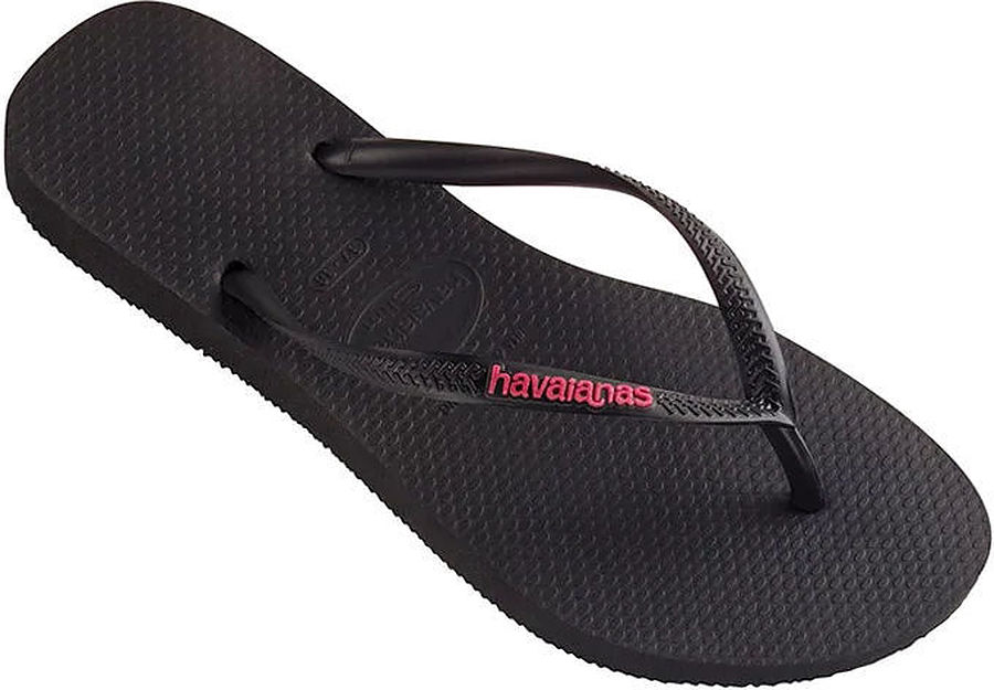 Havaianas Ladies Slim Rubber Logo Black Neon Pink Thongs - Image 3