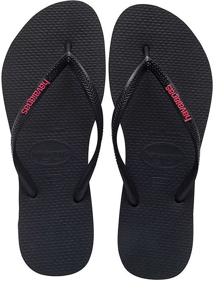 Havaianas Ladies Slim Rubber Logo Black Neon Pink Thongs