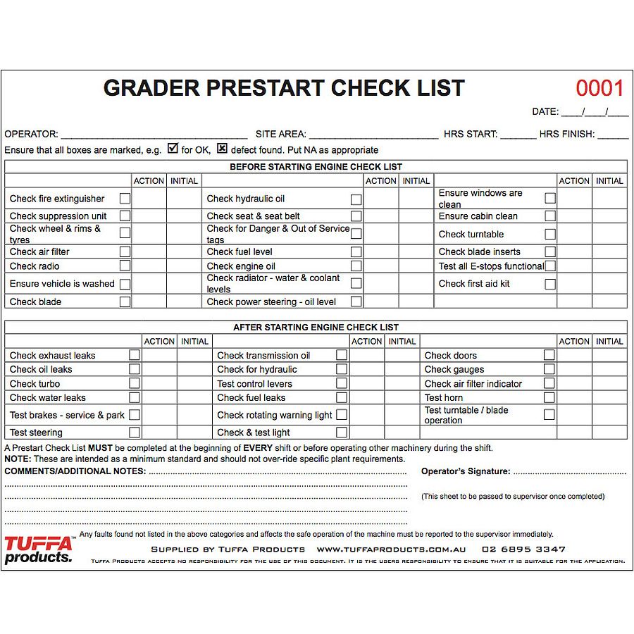 Grader Prestart checklist book - Image 2