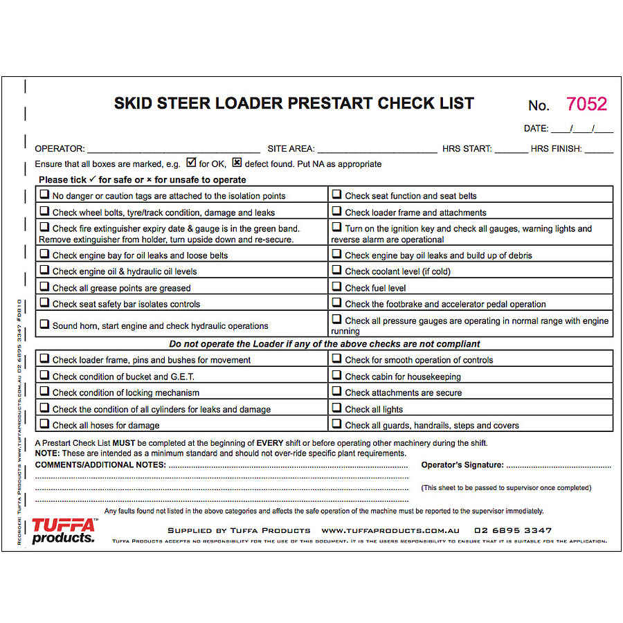 Skidsteer pre start checklist book - Image 2